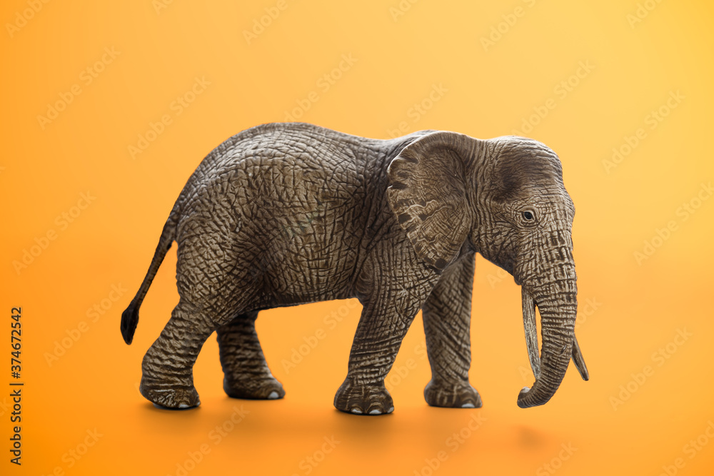 Fototapeta premium Miniature elephant animal toy on orange background