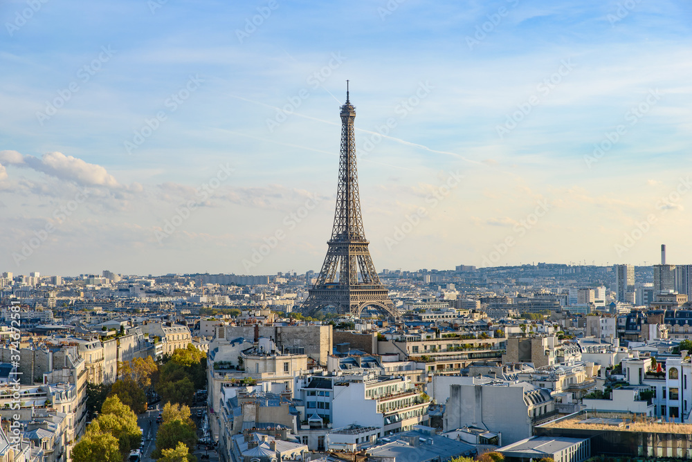 View of Eiffel Tower from Arc de Triomphe in Paris, France