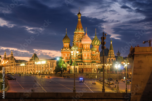 Sunset view of Moscow Kremlin above the Moscow river, Russia.