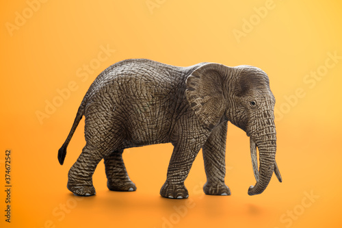 Miniature elephant animal toy on orange background