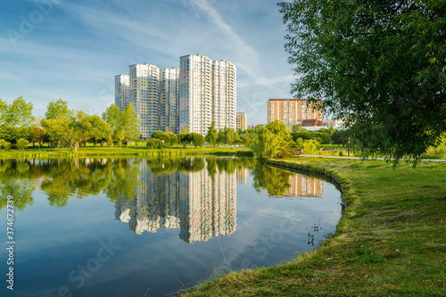 Beautiful morning view of Yuzhnoe Butovo park in South Butovo district  Moscow  Russia.