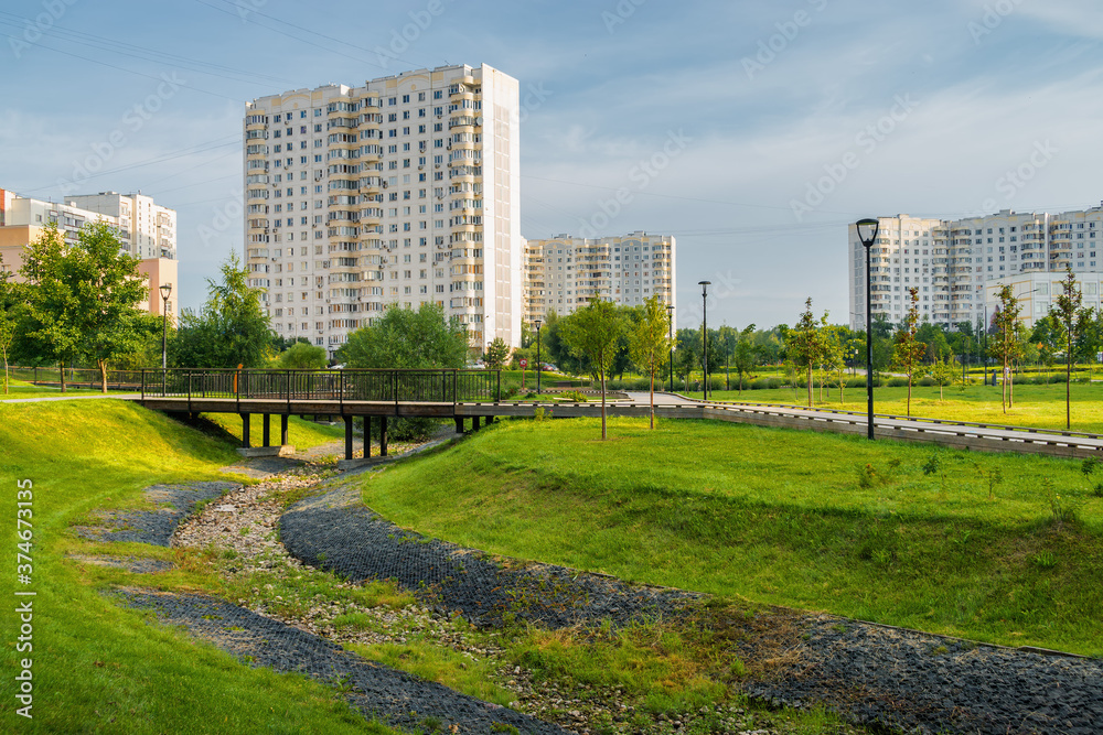 Fototapeta premium Beautiful morning view of Yuzhnoe Butovo park in South Butovo district, Moscow, Russia.