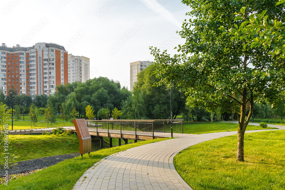 Beautiful morning view of Yuzhnoe Butovo park in South Butovo district, Moscow, Russia.