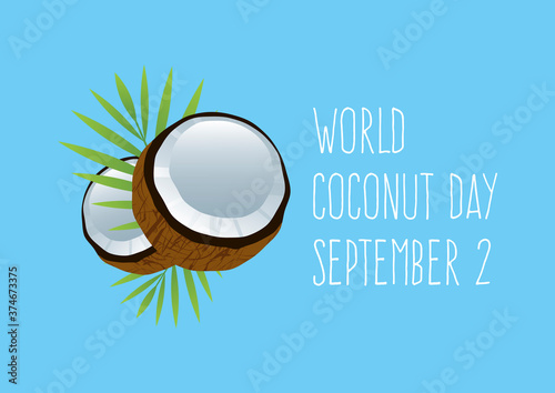 World Coconut Day vector. Halved coconut with palm leaves vector. Coconut icon isolated on a blue background. Coconut Day Poster, September 2