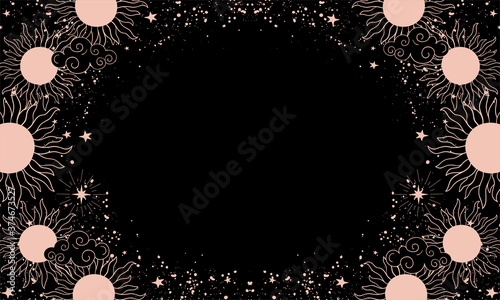 A mystical heavenly black banner with copy space, moon, sun, and stars. Space background with place for text. Blank for astrology, fortune-telling, boho parties. Vector illustration