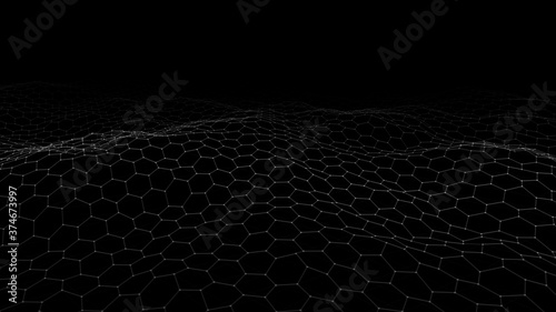 Futuristic black hexagon background. Futuristic honeycomb concept. Wave of particles.  illustration.