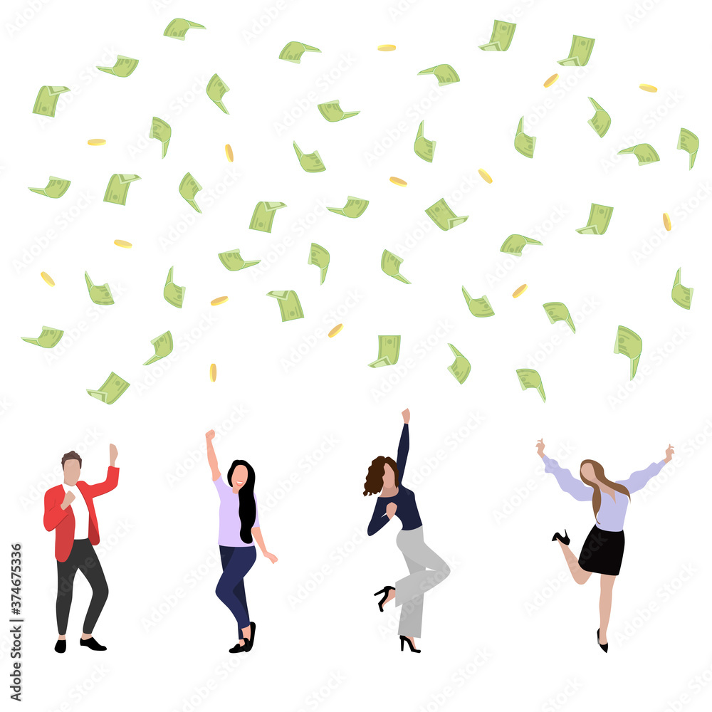 Business team enjoy win, dance under money rain Business team enjoy win, dance under money rain