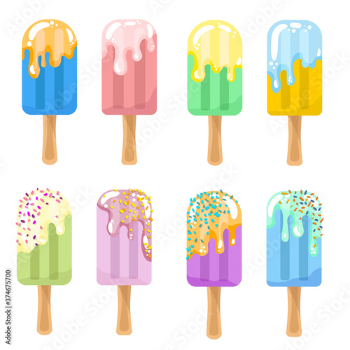 Colorful collection of fruit ice cream on a white background