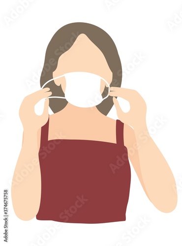 a girl putting a medical mask on her face. coronavirus, quarantine. color isolated drawing by hand in the style of flat art.