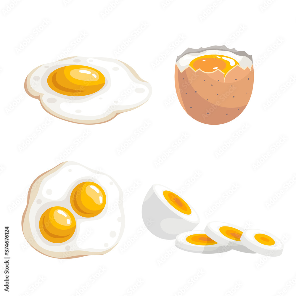Cartoon flat design eggs set. Whole, boiled eggs and fried eggs. Fresh farm products. Breakfast symbol. Isolated on white background.
