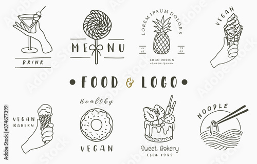 food logo collection with cake,drink,noodle,ice cream.Vector illustration for icon,logo,sticker,printable and tattoo