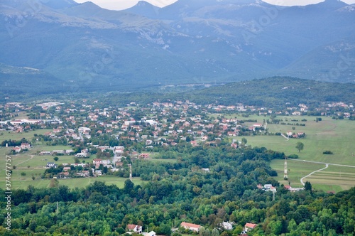 Grobnik field panorama and mountains in background. Mountain panorama view of landscape of Grobnik meadow. photo