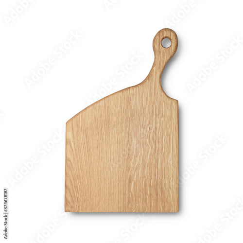 Oak wood chopping board top view isolated. Organic serving plate