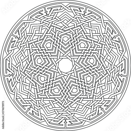 Celtic star Nonagram - Enneagram -  vector pattern ornament with circular circle and floral geometric background inside single huge circular nonagon lining vector background coloring book
