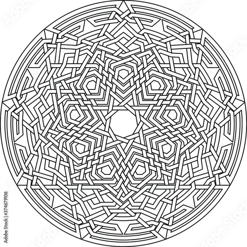 Celtic star Nonagram - Enneagram - vector pattern ornament with circular circle and floral geometric background inside single huge circular nonagon lining vector background coloring book 