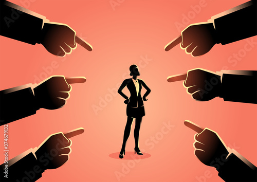 woman being pointed by giant fingers