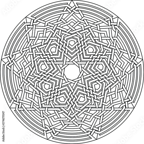 Celtic star Nonagram - Enneagram - vector pattern ornament with circular circle and floral geometric background inside single huge circular nonagon lining vector background coloring book 