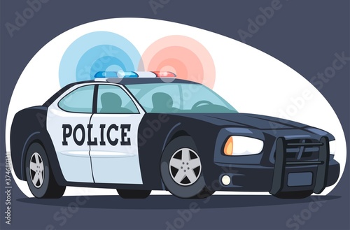 An isolated detailed image patrol police car. Cars with emergency lighting system, the main device of the police, in a cartoon style. Side front view. Vector illustration