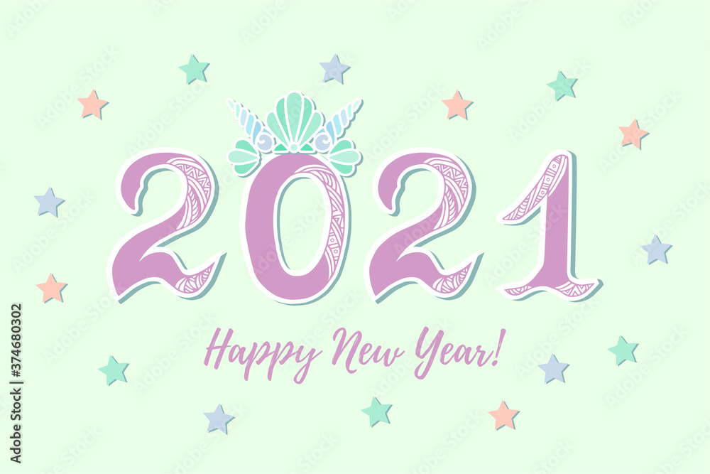 Φωτογραφία Happy New Year 2021 with Merimaid's Sea Shell Crown as Happy New Year card, party invitation, postcard motive, Merry Christmas card