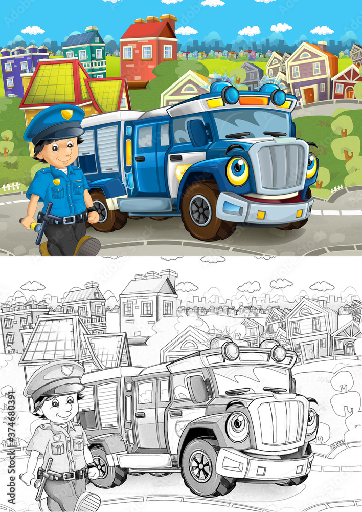 cartoon sketch scene with police truck on the street - illustration