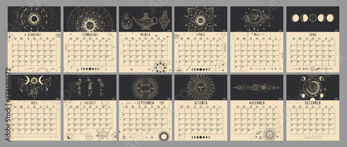 Monthly and weekly planner. magical image of cosmic bodies, stars, constellations, the sun and the moon. Retro vintage vintage style engraving. astrology and horoscope. Vector graphics