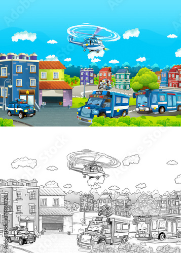 Cartoon sketch stage with different machines for police duty illustration
