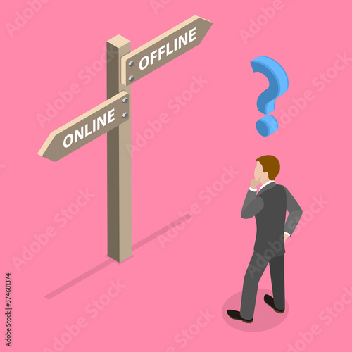 3D Isometric Vector Conceptual Illustration of Online vs Offline, Man is Standing Next to a Signpole and Choosing a Way to Go. Can be Used for the Fields Like Education, Business, Marketing, Banking.