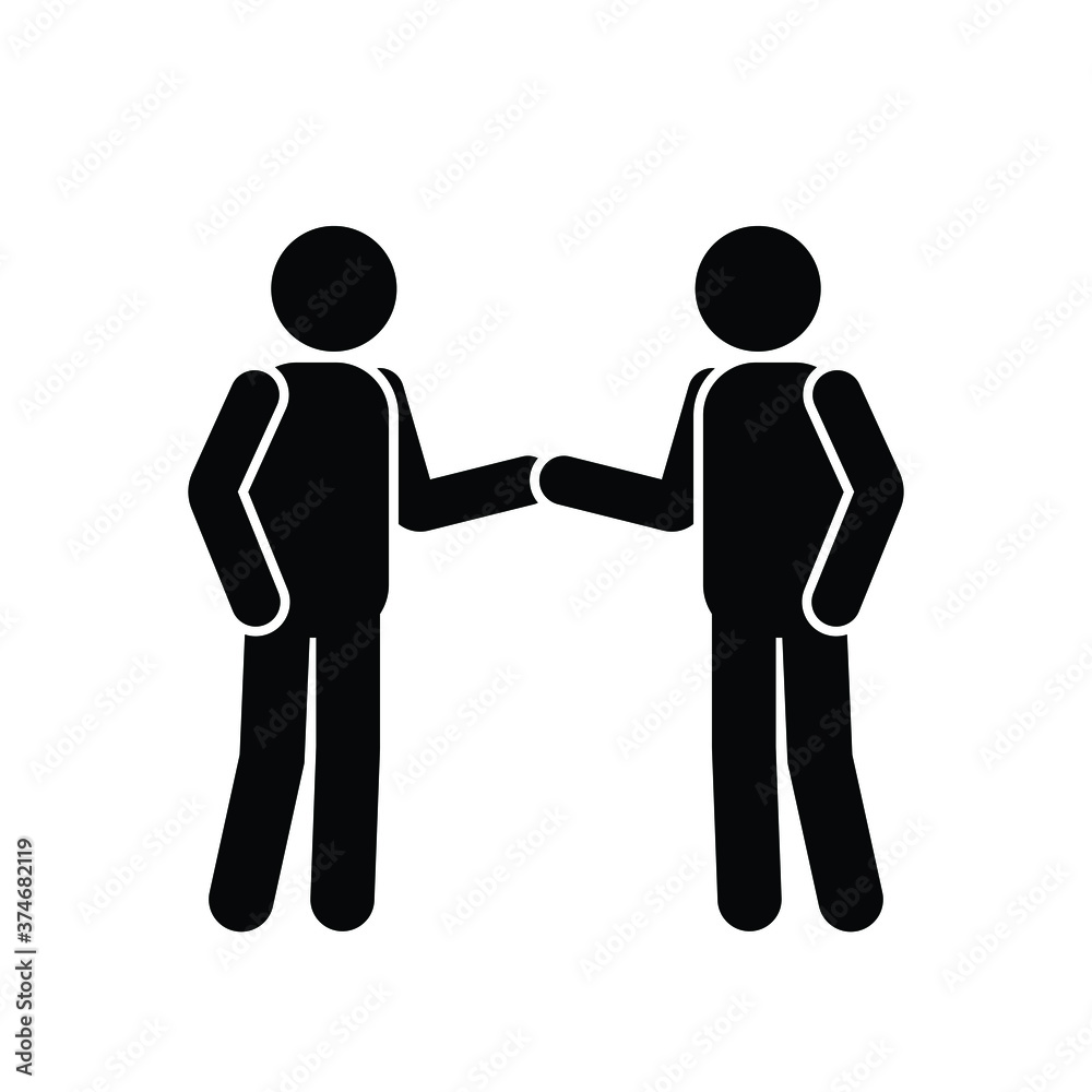 Stick Figure Handshake. Pictogram depicting two men shaking hands with each other. Black and white EPS Vector. 