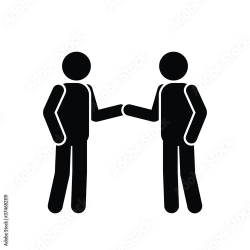 Stick Figure Handshake. Pictogram depicting two men shaking hands with each other. Black and white EPS Vector. 