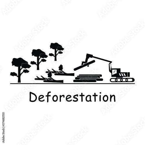 Deforestation Logging. Pictogram depicting logger logging machine cutting down tress destroying environment deforestation logging. Black and white EPS Vector