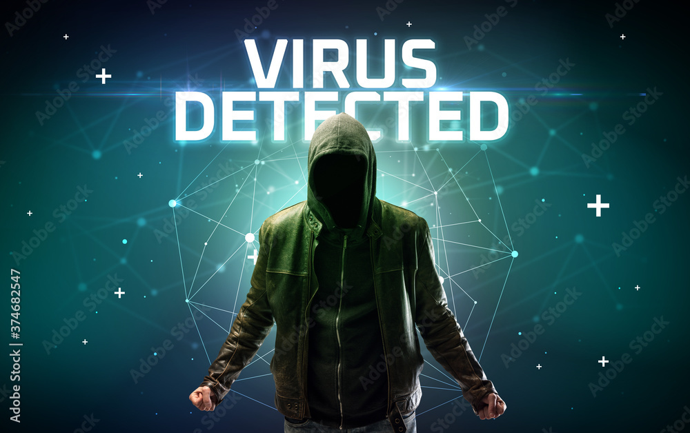 Mysterious hacker with VIRUS DETECTED inscription, online attack concept inscription, online security concept