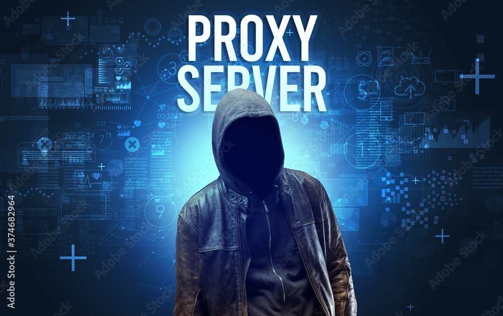 Faceless man with PROXY SERVER inscription, online security concept Faceless man with PROXY SERVER inscription, online security concept