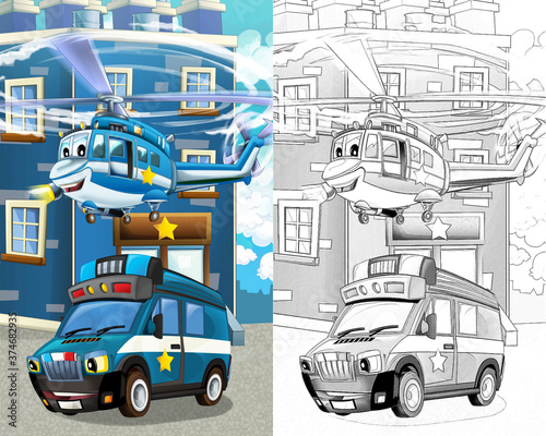 Bilde på lerret Cartoon sketch happy and funny police car - van - illustration