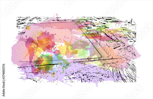 Building view with landmark of Ashkelon or Ashqelon, also known as Ascalon, is a coastal city in the Southern District of Israel. Watercolor splash with hand drawn sketch illustration in vector. photo