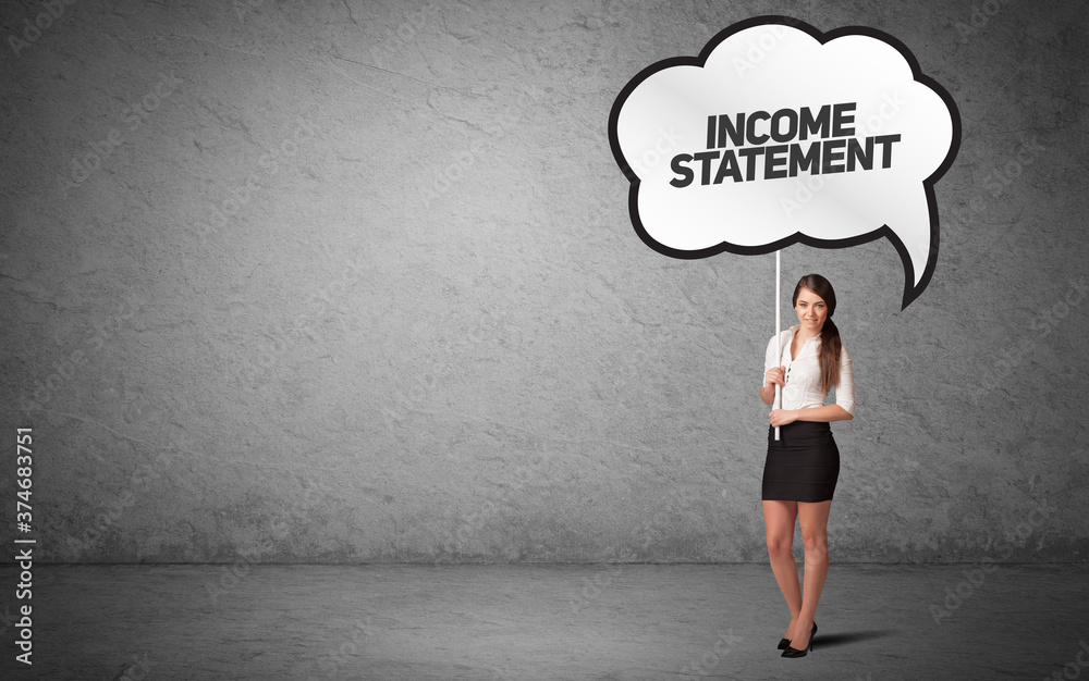 Young business person in casual holding road sign with INCOME STATEMENT inscription, new business idea concept Young business person in casual holding road sign with INCOME STATEMENT inscription, new business idea concept