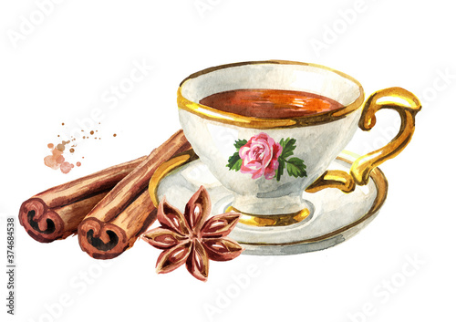 Cup of tea with cinnamon and anise star. Hand drawn watercolor illustration isolated on white background