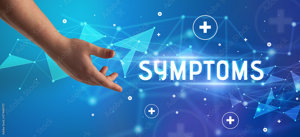 Close-Up of cropped hand pointing at SYMPTOMS inscription, medical concept Close-Up of cropped hand pointing at SYMPTOMS inscription, medical concept