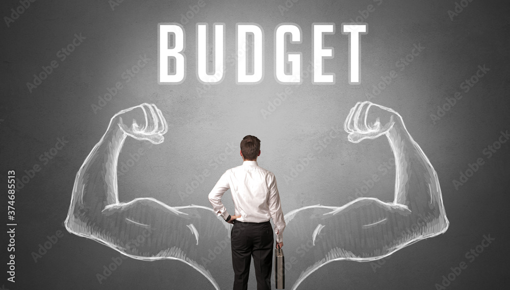 Rear view of a businessman with BUDGET inscription, powerfull business concept