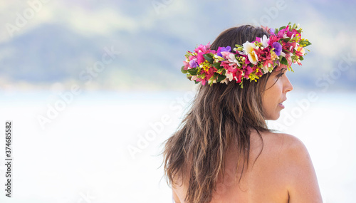 Photography Beautiful woman wears colorful Tahiti flower crown