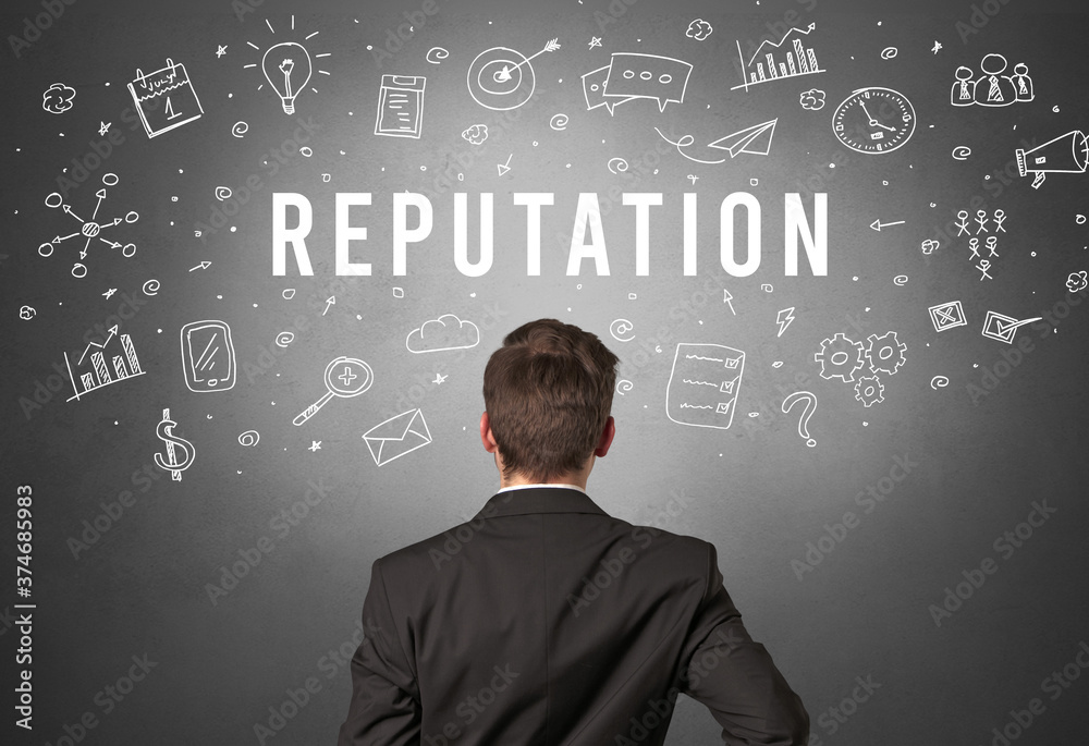 Rear view of a businessman with REPUTATION inscription, modern business concept Rear view of a businessman with REPUTATION inscription, modern business concept