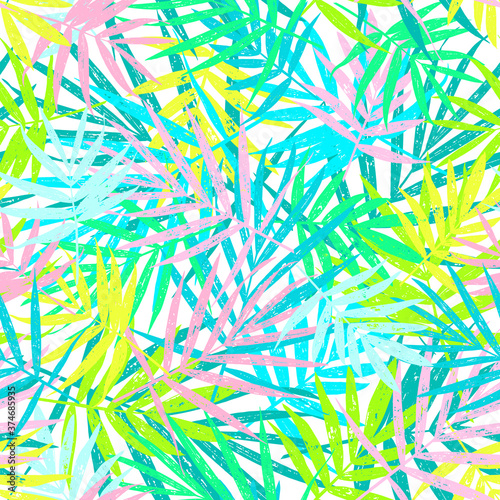 Grunge leaves pattern. Tropical foliage background. Tropic flora. Exotic leaf. Leaves fabric design. Chamaedorea palm leaf.
