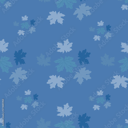 Seamless pattern of autumn blue leaves. Maple leaves of various sizes are scattered randomly over the background. For packaging and wrapping paper