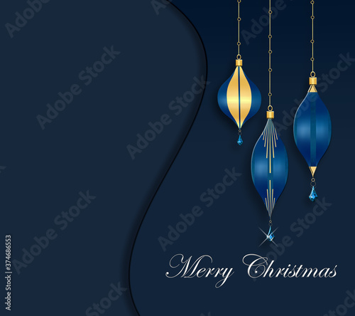 Elegant luxury greeting background for Christmas or 2021 New Year Event. Blue baubles with gold shiny decor on dark blue background. White text Merry Christmas. Mock up. Copy space. 3D illustration photo