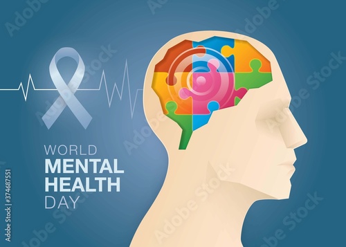 World mental health day, Human head with Brain and mental health, Jigsaw puzzle on brain