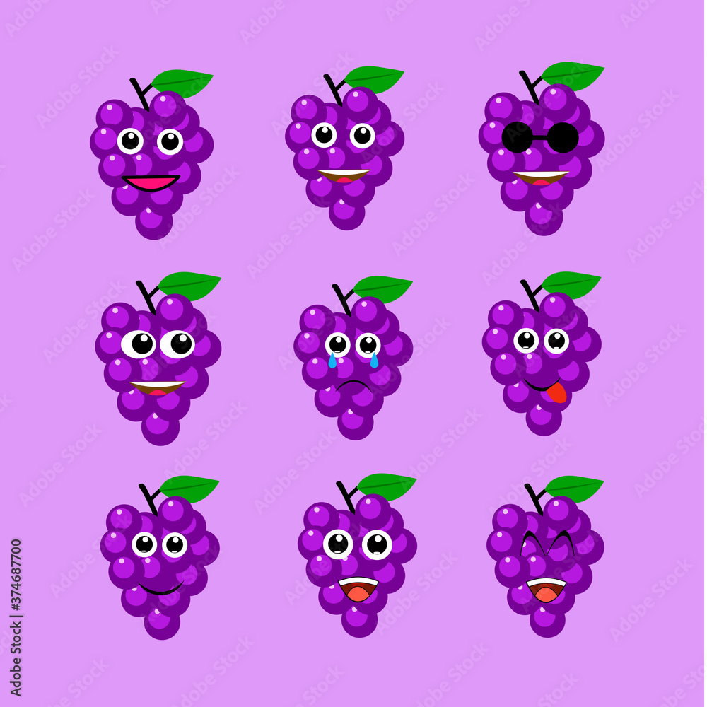 Fototapeta premium grape character emoji stickers. funny grape emoticons, for stickers, chat, vector illustration