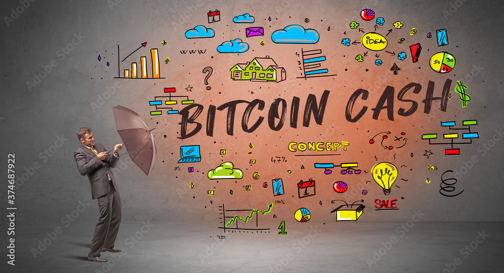 Determined businessman hiding behind umbrella with BITCOIN CASH inscription, new business concept Determined businessman hiding behind umbrella with BITCOIN CASH inscription, new business concept
