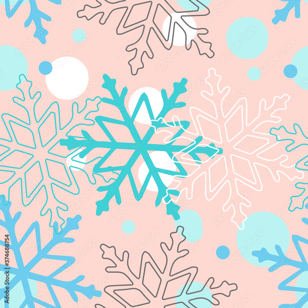 Fototapeta premium White and blue snowflakes on a pink background. Vector seamless pattern for festive design, Christmas wallpaper, banner, packaging, wrapper
