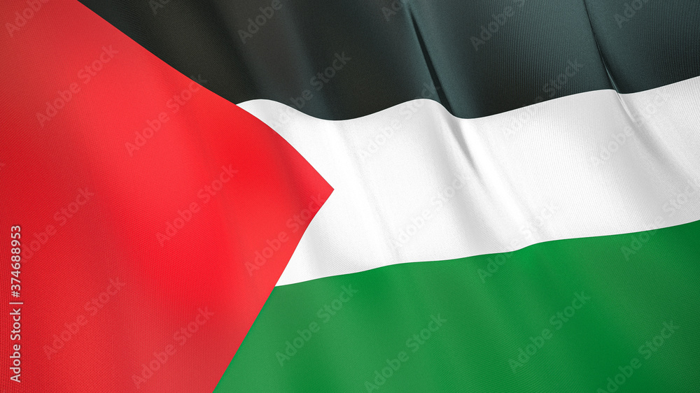 Obraz premium The flag of Palestine. Waving silk flag of Palestine. High quality render. 3D illustration