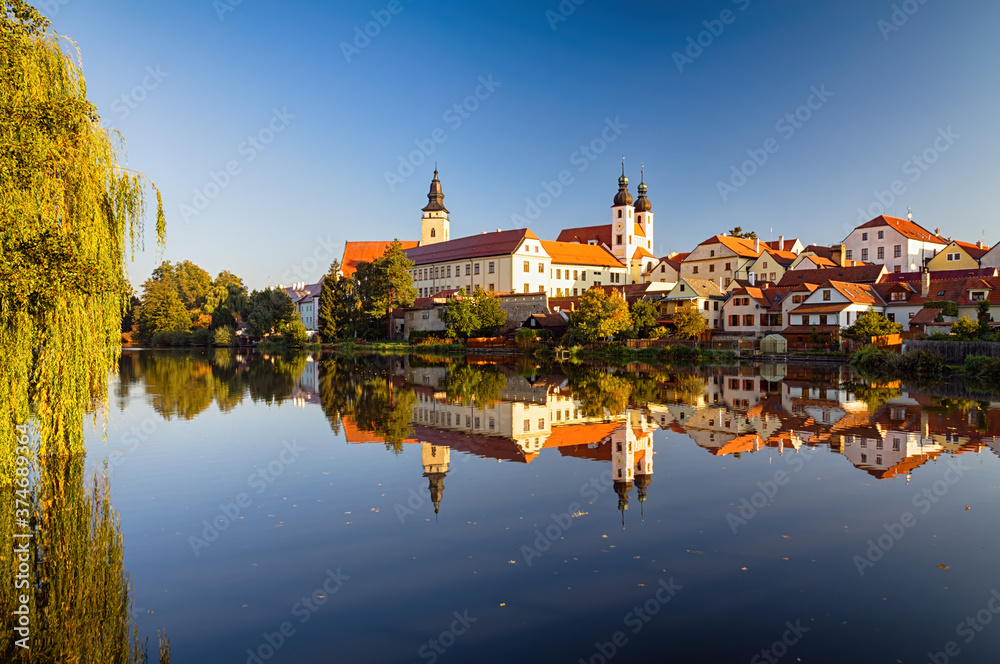 View of Telc with reflections in pond and willow on foreground in autumn, southern Moravia, Czech Republic.