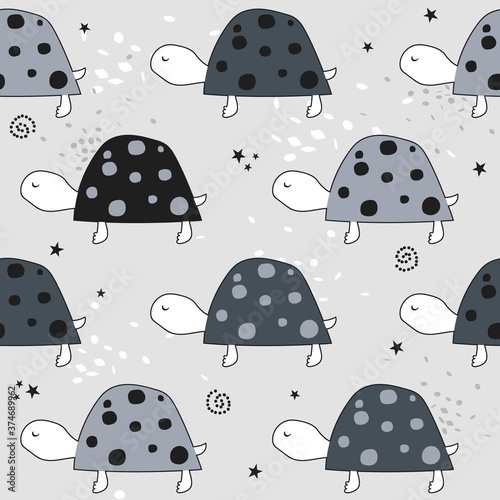 Turtles, hand drawn backdrop. Colorful seamless pattern with animals. Decorative cute wallpaper, good for printing. Overlapping background vector. Design illustration, reptiles